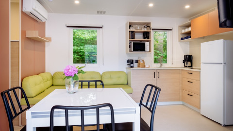 Moderne køkken og spiseområde i Cottage Next XXL Family på Papillon Country Resort, Holland, med udsigt over naturen.