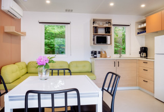 Moderne køkken og spiseområde i Cottage Next XXL Family på Papillon Country Resort, Holland, med udsigt over naturen.