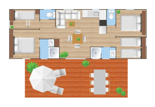 Plattegrond van Cottage Next XXL Family bij Papillon Country Resort met terras, leefruimte en slaapkamers.