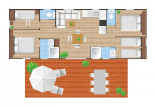 Plano de la Cottage Next XXL Family en Papillon Country Resort con terraza, sala de estar y dormitorios.