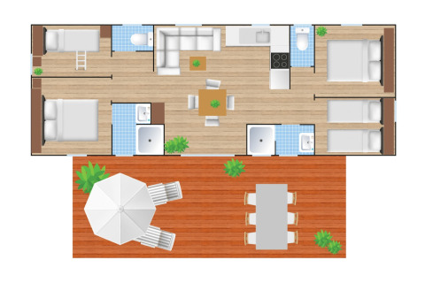 Floor plan of Cottage Next XXL Family at Papillon Country Resort showing deck, living area, and bedrooms.