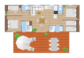 Plattegrond van Cottage Next XXL Family bij Papillon Country Resort met terras, woonkamer en slaapkamers.