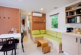 Moderne stue i Cottage Next XXL Family på Papillon Country Resort med grøn sofa, bord og tekøkken.