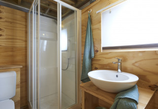 Baño moderno con ducha, lavabo y paredes de madera en Airlodge 2.0 Family Hottub, Papillon Country Resort, Países Bajos.