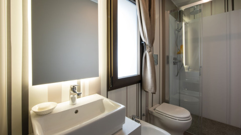 Moderne badkamer met douche, wastafel en spiegel in een Cottage Next XL Luxury Superior bij Papillon Country Resort.