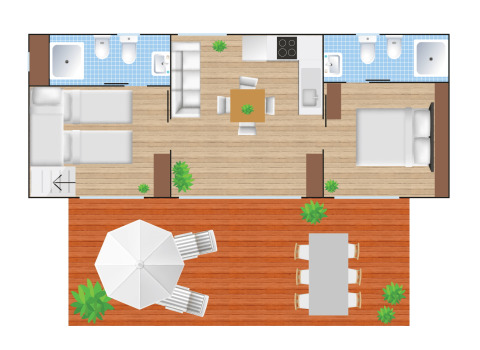Plattegrond van Cottage Next XL Luxury Superior met twee slaapkamers, twee badkamers en groot terras.