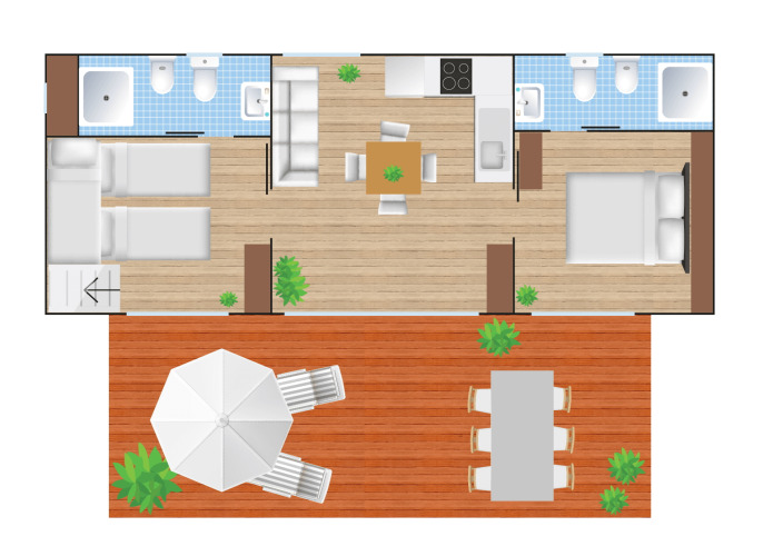 Plano del Cottage Next XL Luxury Superior con dos dormitorios, dos baños y una amplia terraza exterior.