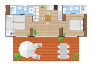 Plano del Cottage Next XL Luxury Superior con dos dormitorios, dos baños y una amplia terraza exterior.