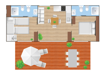 Plattegrond van Cottage Next XL Luxury Superior met twee slaapkamers, twee badkamers en groot terras.