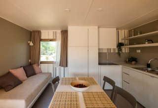 Moderne opholdsstue og køkken i Cottage Next XL Luxury Superior på Papillon Country Resort i Holland.