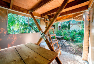 Intérieur d'une tiny house Airstay au Papillon Country Resort, avec mobilier en bois et vue sur jardin.