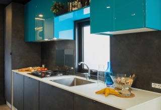 Cuisine moderne de la lodge Freed Home au Papillon Country Resort, Pays-Bas, avec armoires bleues brillantes.