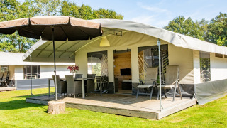 Safari-telt med terrasse og parasol ved De Witte Berg feriepark i Holland, omgivet af grøn natur.