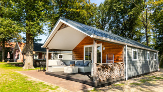 Forest Lodge en el parque vacacional De Witte Berg en Países Bajos, cabaña acogedora con terraza y muebles