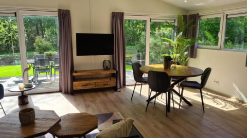 Moderne lodge-stue med runde spisebord, sorte stole, store vinduer, TV, træmøbler og udsigt til grøn have.