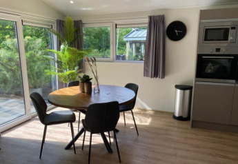 Modern lodge dining area with a round table, four black chairs, plants, large windows, and a kitchenette.
