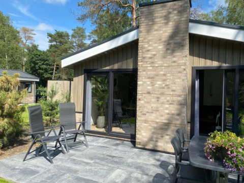Udendørs terrasse ved en moderne lodge med havemøbler, store vinduer og omgivet af grønne træer.