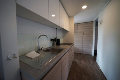 Moderne glamping-køkken med vask, køkkenskabe og trægulv, set fra siden mod rummets ende.