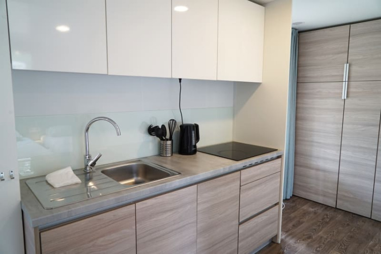 Cocina moderna con fregadero, hervidor, encimera y armarios de madera clara en un alojamiento glamping.