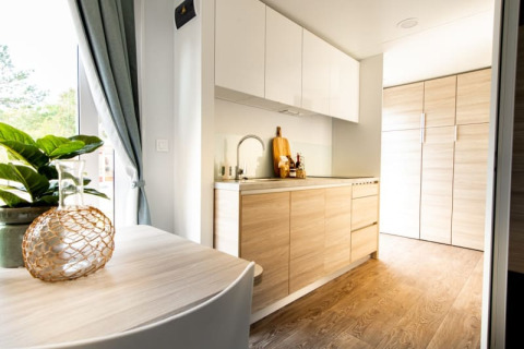 Cocina de cabaña moderna con gabinetes de madera clara, planta verde y ventana grande con cortinas.