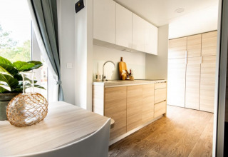 Cocina de cabaña moderna con gabinetes de madera clara, planta verde y ventana grande con cortinas.