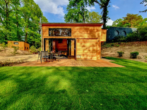 Piccola casa in legno con terrazza, mobili da giardino, prato verde e circondata da alberi alti