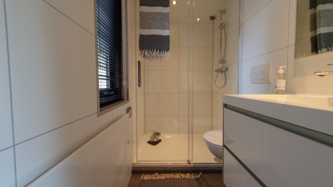 Baño pequeño y moderno en una tiny house con ducha de cristal, ventana, inodoro y lavabo blanco.