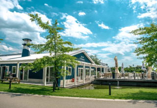 Een zonnige dag bij een vakantiewoning met terras, vijver en bomen, ideaal voor glamping in een vakantiepark.