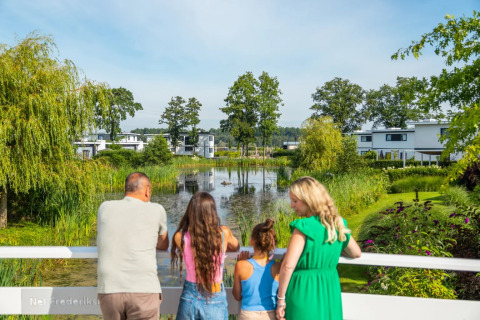 Gezin geniet van het uitzicht op een vijver in een vakantiepark met luxe glamping accommodaties in het groen.