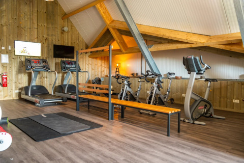 Fitnessruimte in een vakantiepark met houten wanden, cardio-apparaten, tv's en een bankje voor gasten.