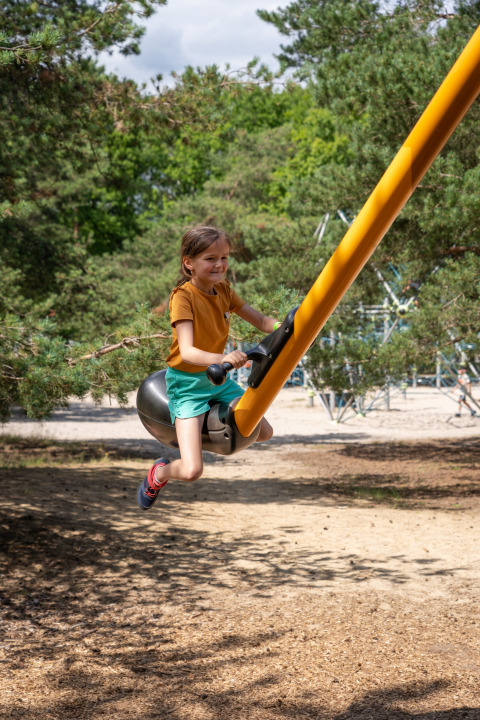Meisje speelt vrolijk op een schommeltoestel in het bosrijke Recreatiepark Keiheuvel, Antwerpen, België.