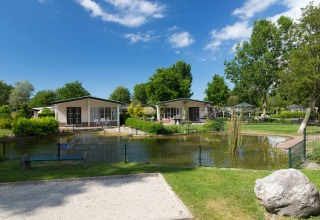 Charmante glamping accommodaties bij een vijver in een groene, zonnige vakantiepark omgeving.