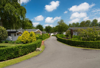 Zicht op een rustig vakantiepark met luxe glampingaccommodaties, groen omgeven en blauwe hemel erboven.