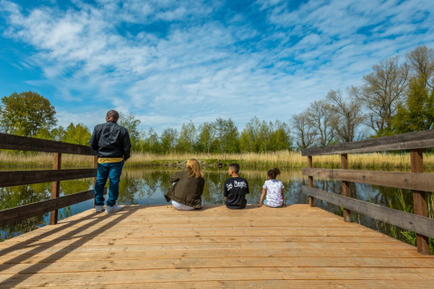 Vier mensen genieten van de natuur op een houten steiger bij een vijver in een vakantiepark met glamping.