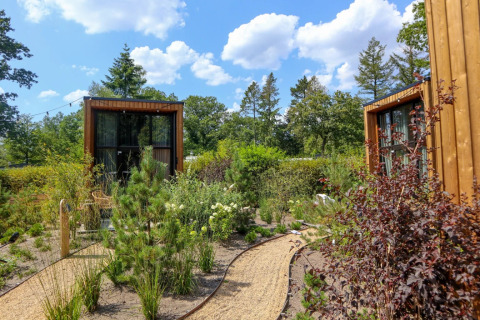 Moderne houten glamping hutten in een groene en zonnige tuin op een vakantiepark met blauwe lucht.