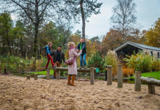 Een gezin geniet van een dag buiten bij een vakantiepark met glamping, spelend op houten speeltoestellen.