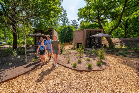 Groep mensen wandelt over een houtpad langs moderne glampinghuisjes in een groen vakantiepark.