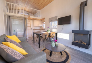 Alojamiento glamping moderno con salón, sofá, cocina, mesa de comedor, altillo y chimenea en la pared.
