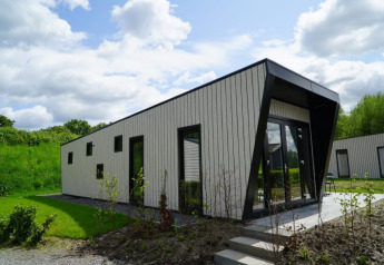 Moderne lodge met schuine gevel en grote ramen, omringd door gras en struiken onder een wolkenlucht.