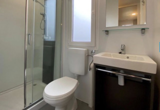 Modern bathroom at a glamping site with a glass shower, toilet, sink and window letting in natural light.