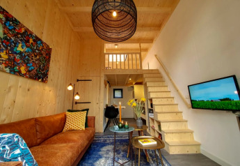 Soggiorno di tiny house moderna con pareti in legno, soppalco, divano marrone e TV a parete.