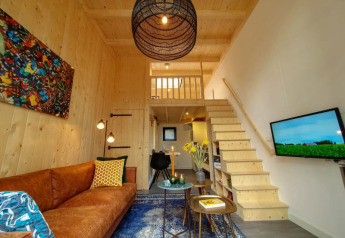 Salon de tiny house moderne avec murs en bois, mezzanine, canapé marron, tableau et télévision.