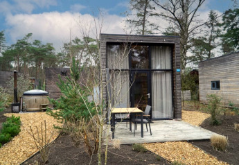 Piccola casa moderna in legno con terrazza immersa nella natura, circondata da alberi e arbusti.