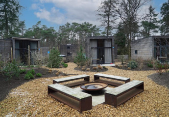 Udendørs plads med bænke og bålsted omgivet af små træhus-tiny houses i skovområde under blå himmel.