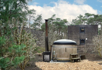 Una tiny house in legno con sauna esterna rotonda, circondata da alberi e natura sotto un cielo azzurro.