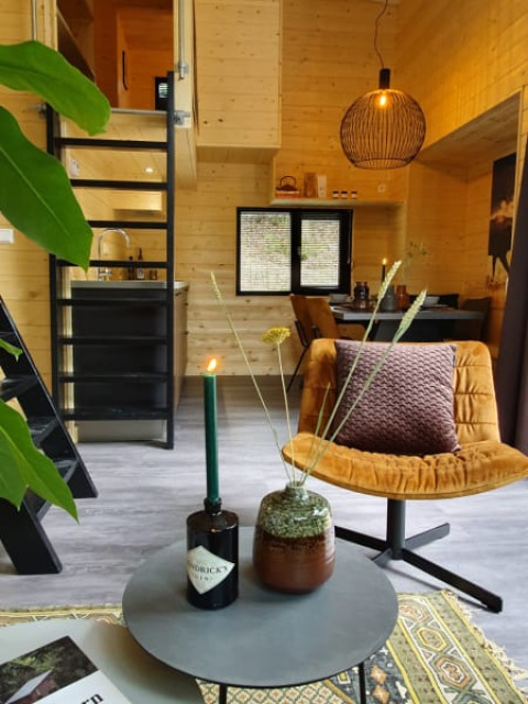 Interior moderno de tiny house con paredes de madera, escalera negra, sillón amarillo y mesa decorativa.