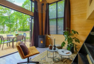 Hyggelig stue i et tiny house med trævægge, store vinduer, pejs og udsigt til en udendørs terrasse.