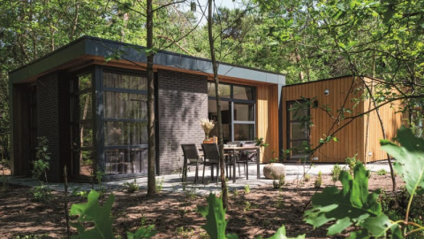 Lodge moderne entouré de forêt, grandes baies vitrées et terrasse extérieure aménagée avec table et chaises.