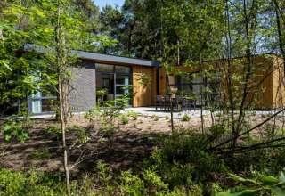 Moderne hytte omgivet af skov, med store vinduer og terrasse med havemøbler i naturlige omgivelser