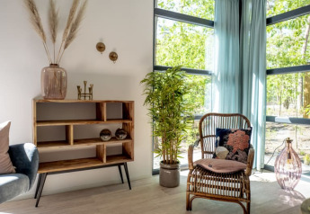 Lyst og moderne lodge-interiør med rattan-stol, grønne planter, træreol og store vinduer mod naturen.